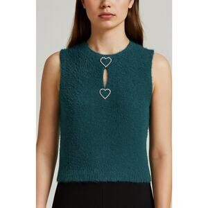 Johnny Wujek Juniors Fuzzy Knit Top XS Teal with Rhinestone Heart Accents